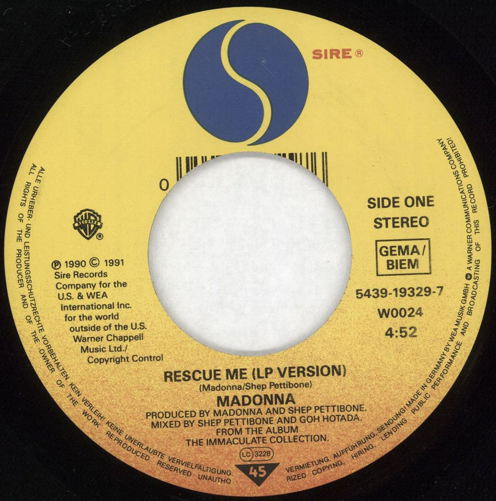 Madonna Rescue Me - Wide German 7" vinyl single (7 inch record / 45) 5439-19329-7