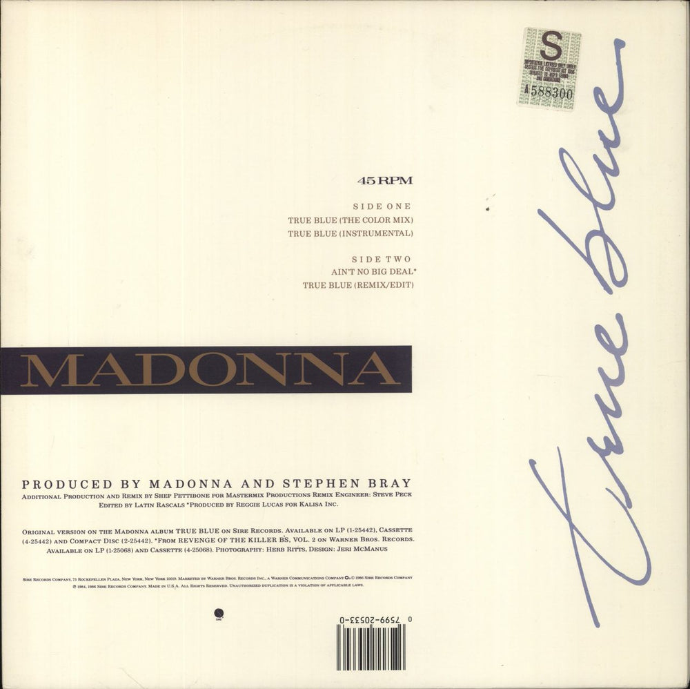 Madonna True Blue US 12" vinyl single (12 inch record / Maxi-single) 075992053303