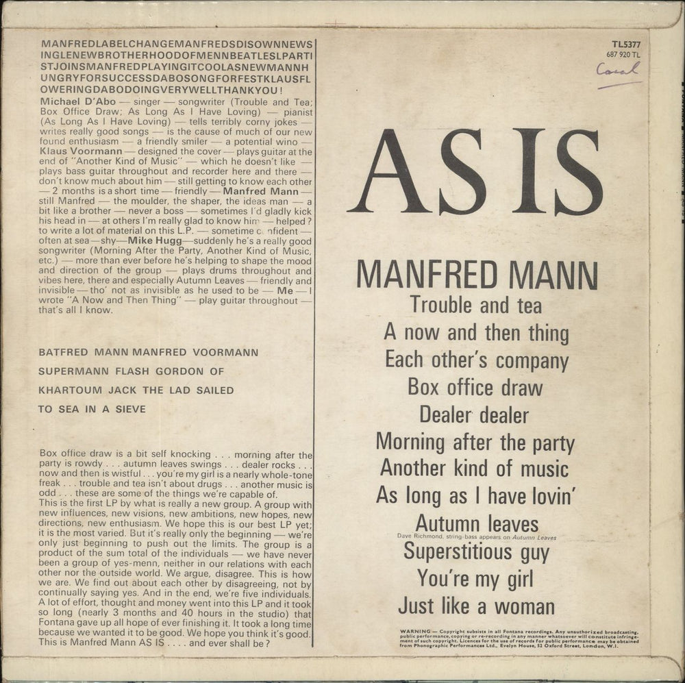 Manfred Mann As Is - Alcove sleeve - EX - WOS UK vinyl LP album (LP record)