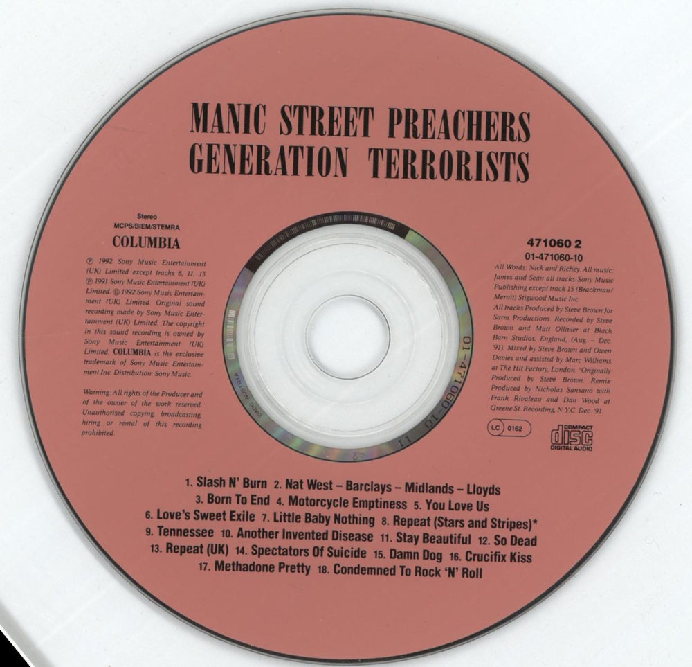 Manic Street Preachers Generation Terrorists UK CD album (CDLP) MASCDGE620940