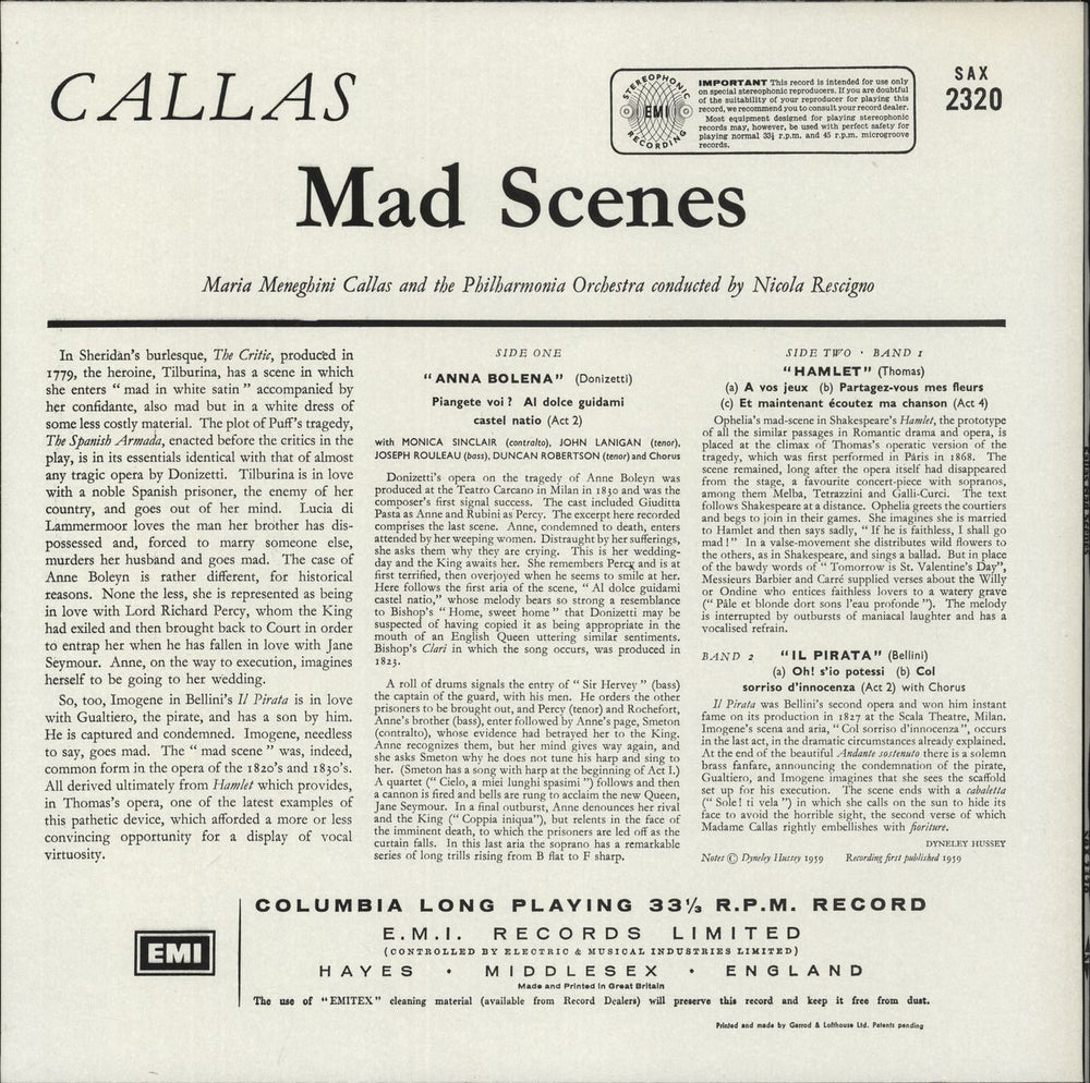 Maria Callas Mad Scenes From Anna Bolena * Hamlet * Il Pirata UK vinyl LP album (LP record)