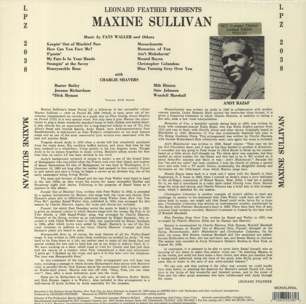Maxine Sullivan A Tribute To Andy Razaf - Music By Fats Waller And Others - Sealed US vinyl LP album (LP record) 010963203813