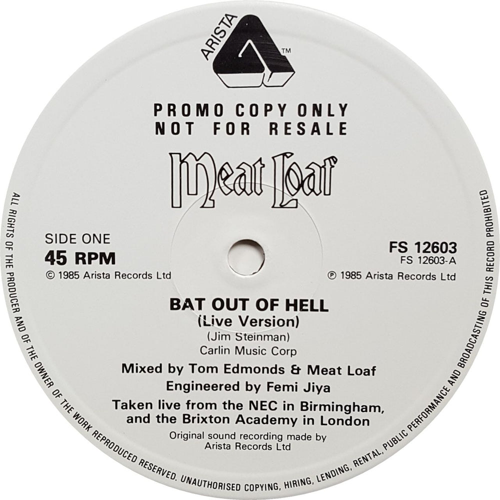 Meat Loaf Bat Out Of Hell - Live UK Promo 12" vinyl single (12 inch record / Maxi-single) FS12603