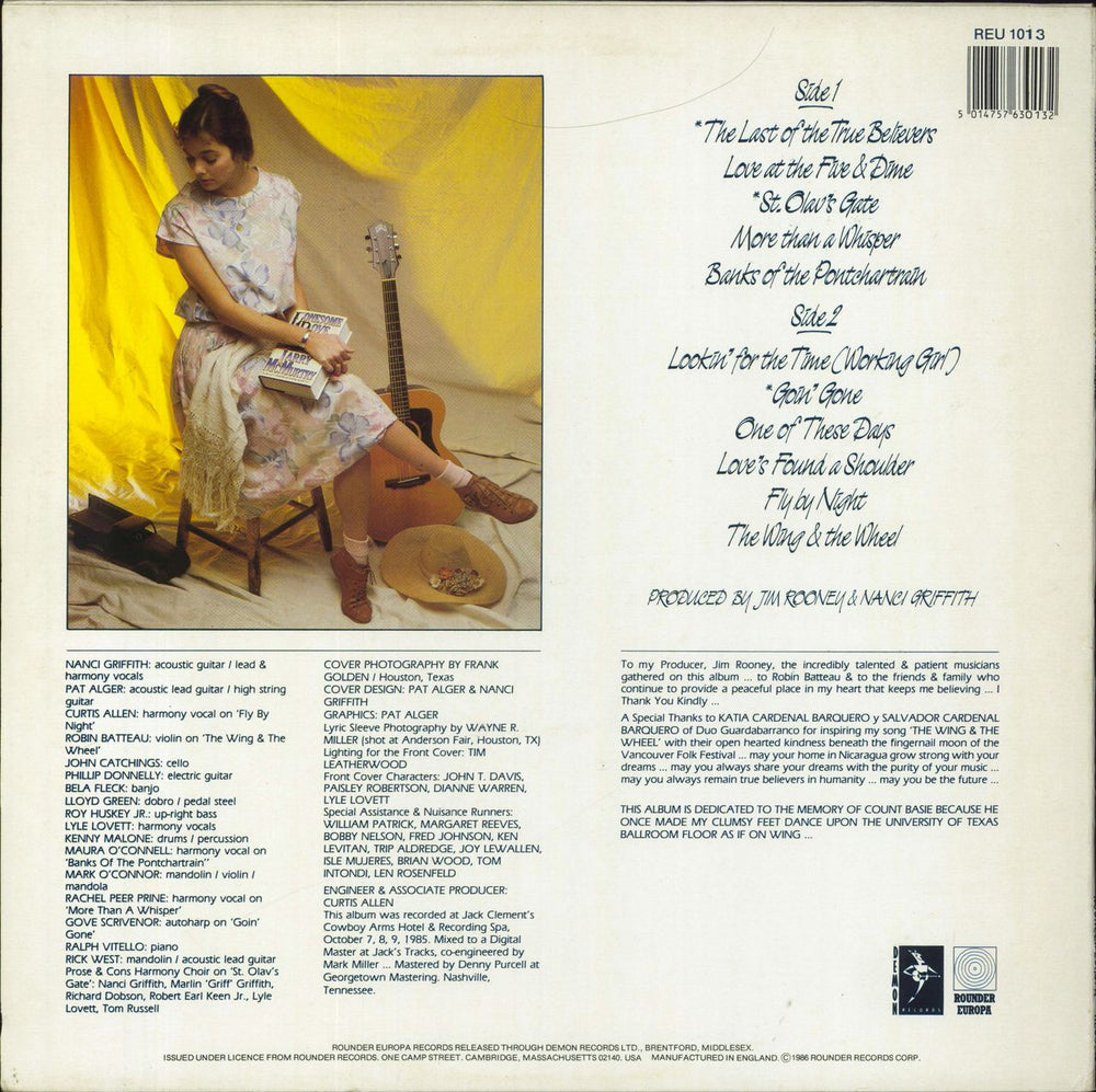 Nanci Griffith The Last Of The True Believers + lyric insert - EX UK vinyl LP album (LP record) 5014757630132