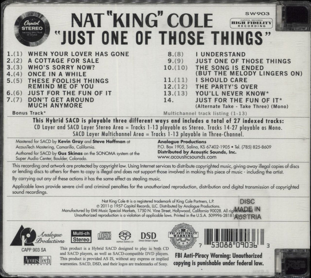 Nat King Cole Just One Of Those Things US super audio CD SACD 753088090363