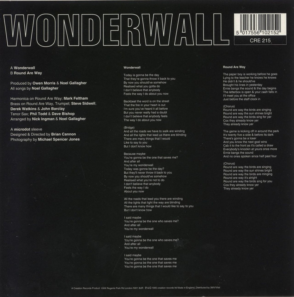 Oasis Wonderwall + Insert UK 7" vinyl single (7 inch record / 45) 5017556102152