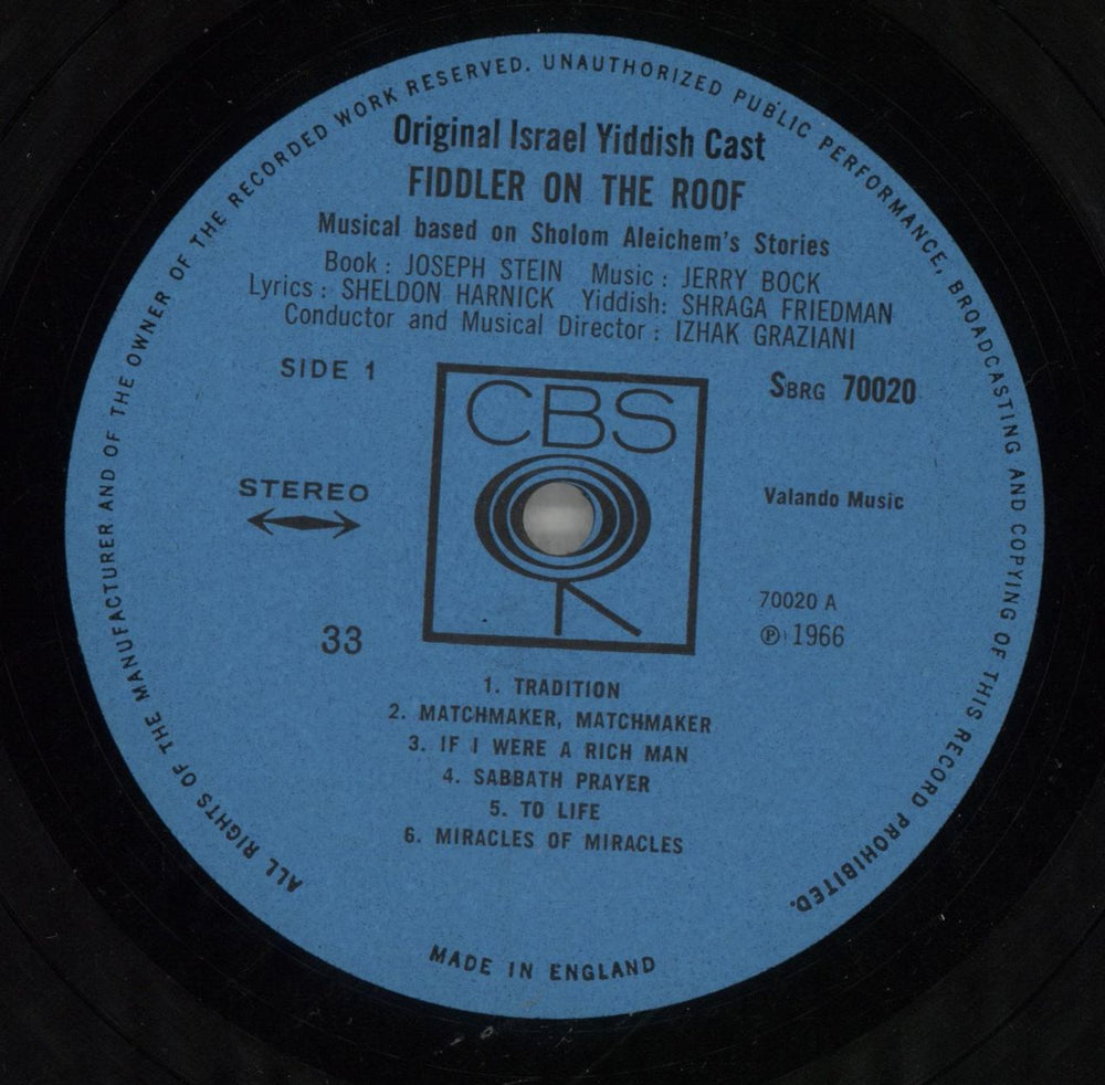 Original Cast Recording Fiddler On The Roof Israeli vinyl LP album (LP record) 1OCLPFI714137