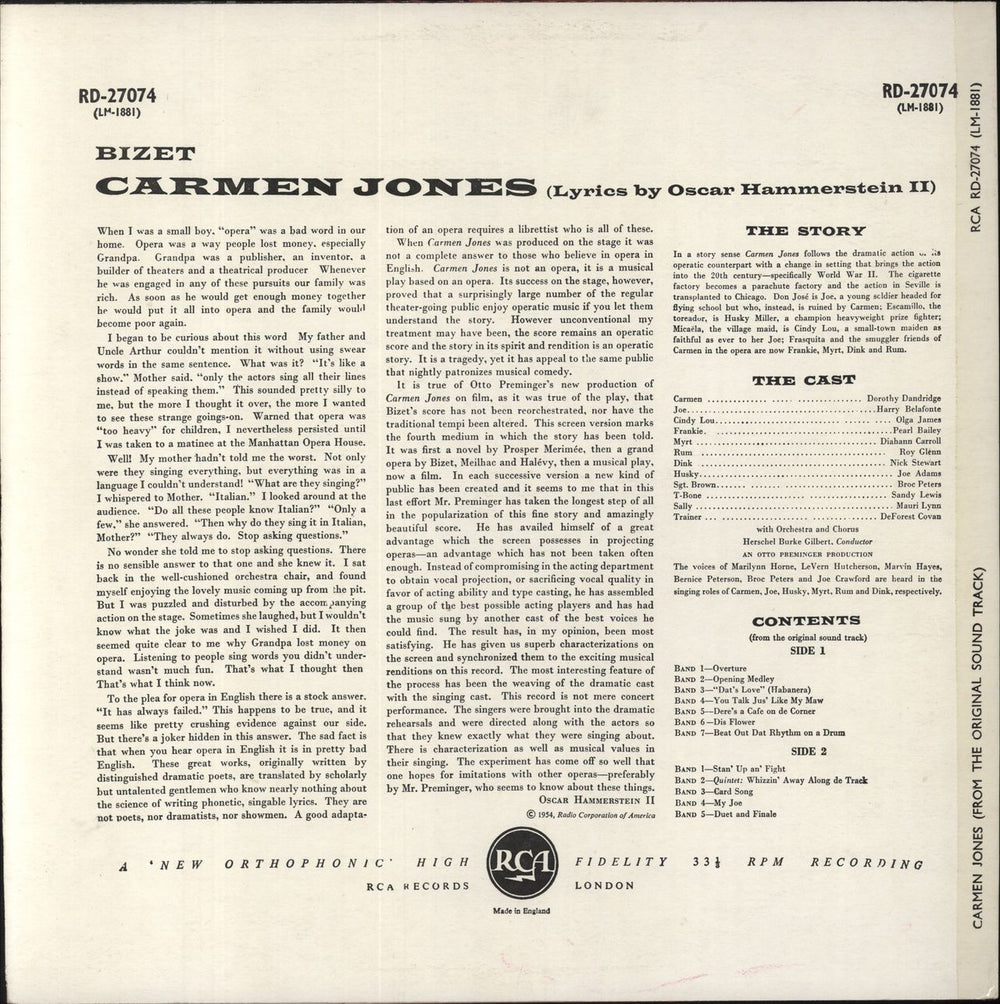 Original Soundtrack Carmen Jones UK vinyl LP album (LP record)