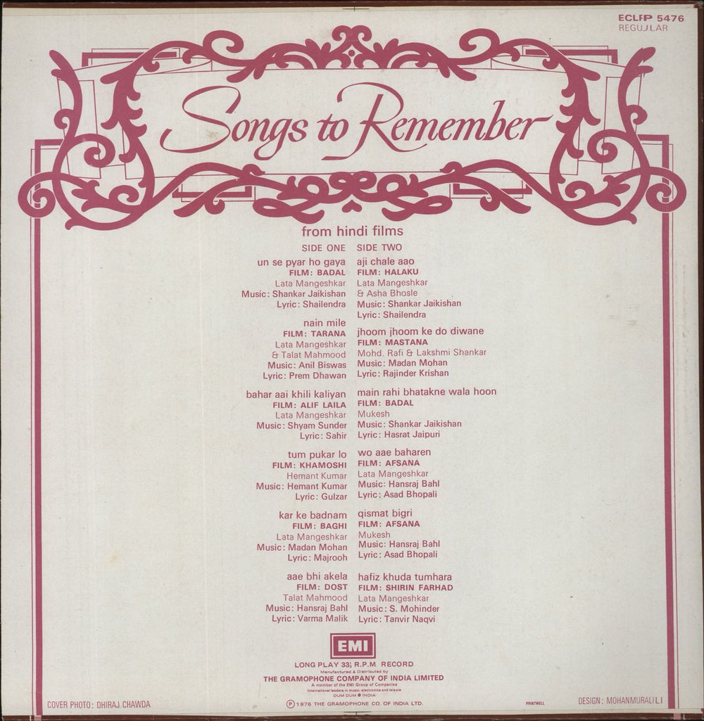 Original Soundtrack Songs To Remember (From Hindi Films) Indian vinyl LP album (LP record)