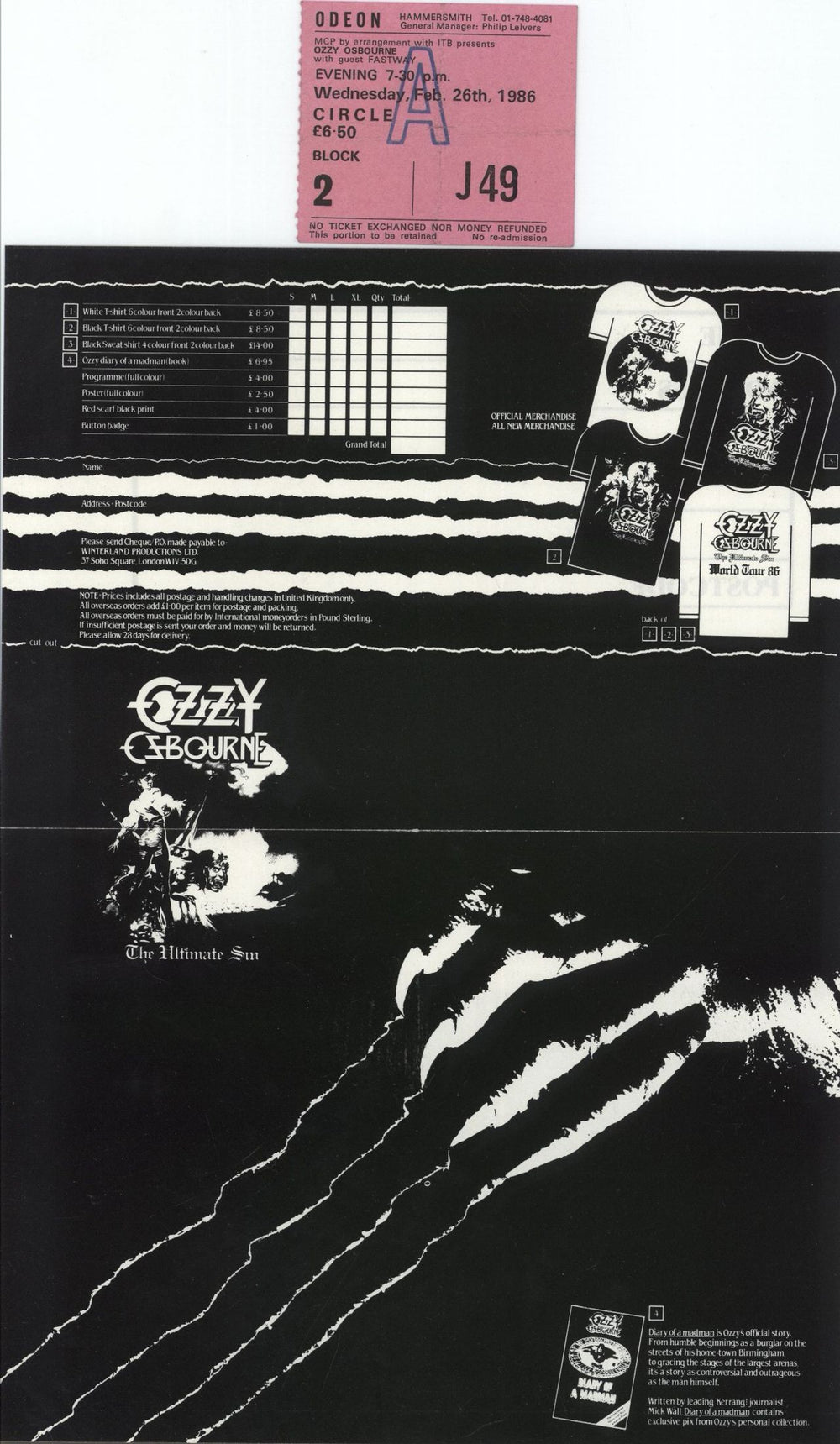 Ozzy Osbourne World Tour 1986 + Ticket Stub UK tour programme OZZTRWO612350