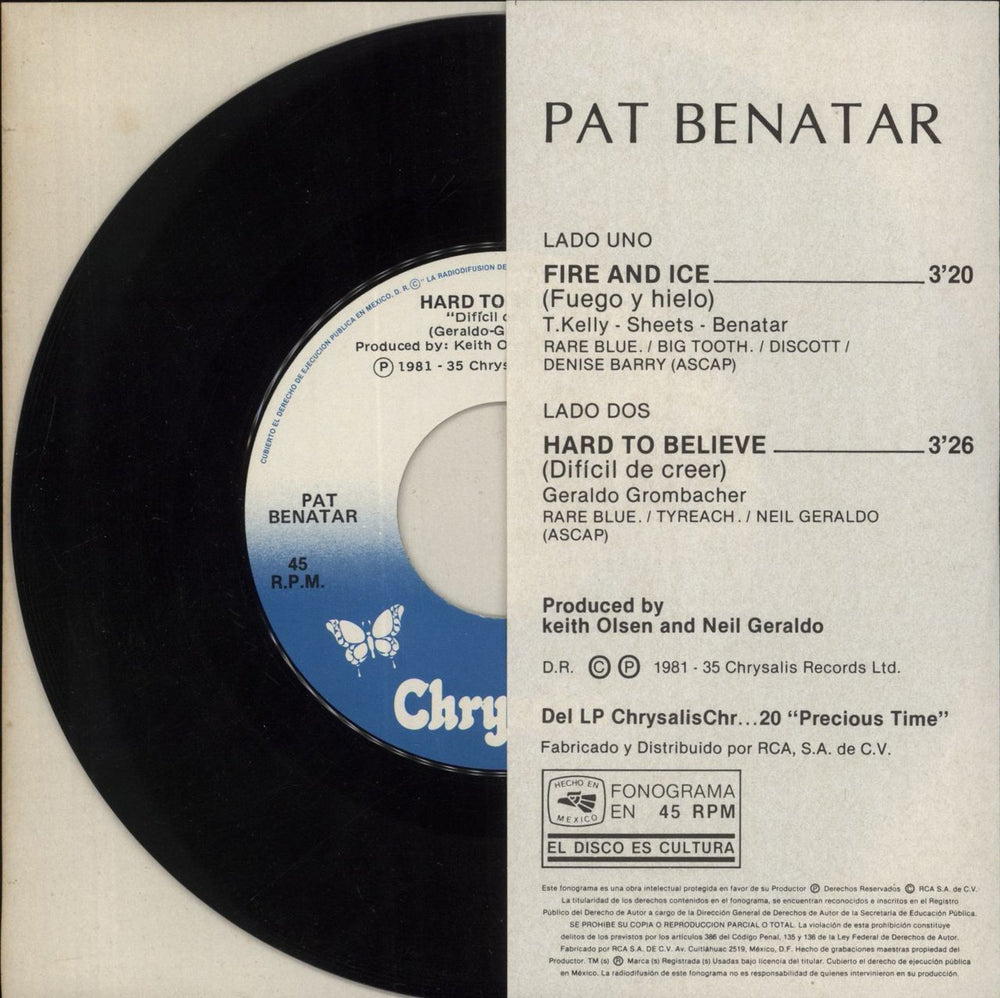 Pat Benatar Fire And Ice Mexican Promo 7" vinyl single (7 inch record / 45)