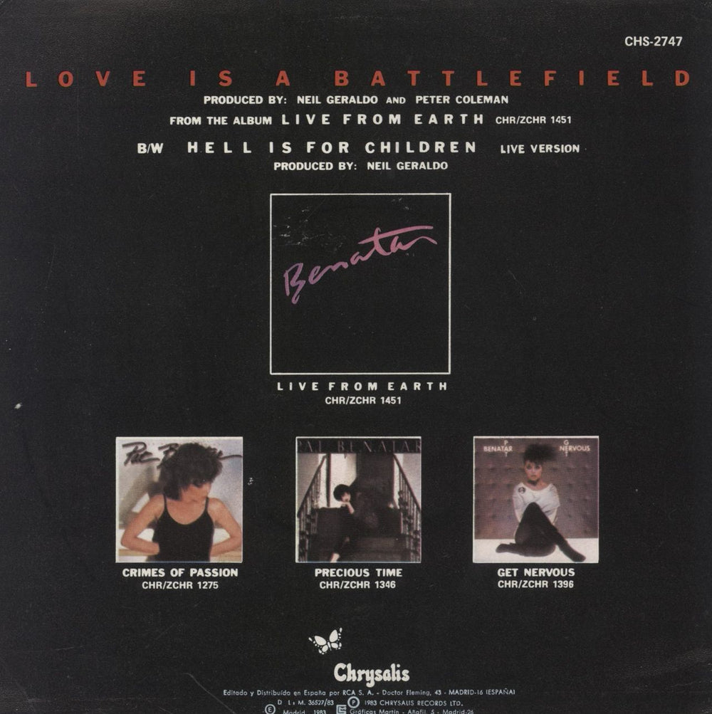 Pat Benatar Love Is A Battlefield Spanish Promo 7" vinyl single (7 inch record / 45)