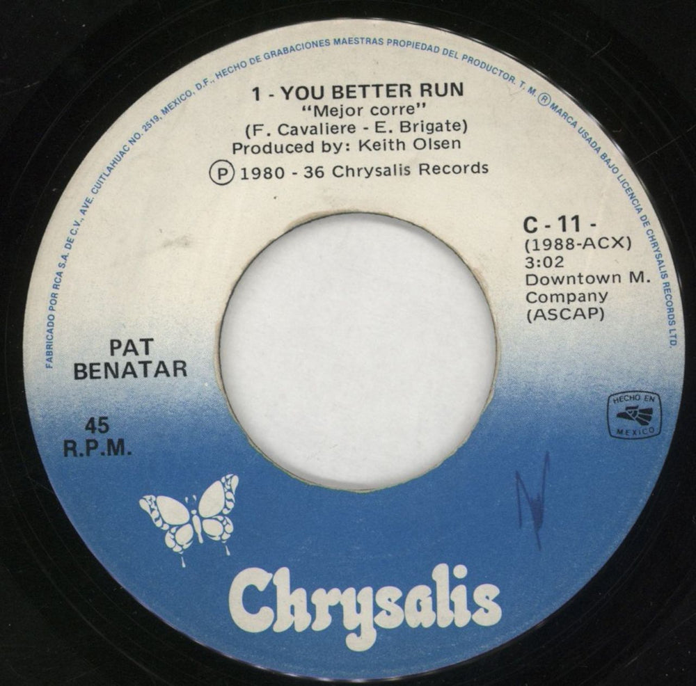 Pat Benatar You Better Run Mexican 7" vinyl single (7 inch record / 45) BEN07YO859657
