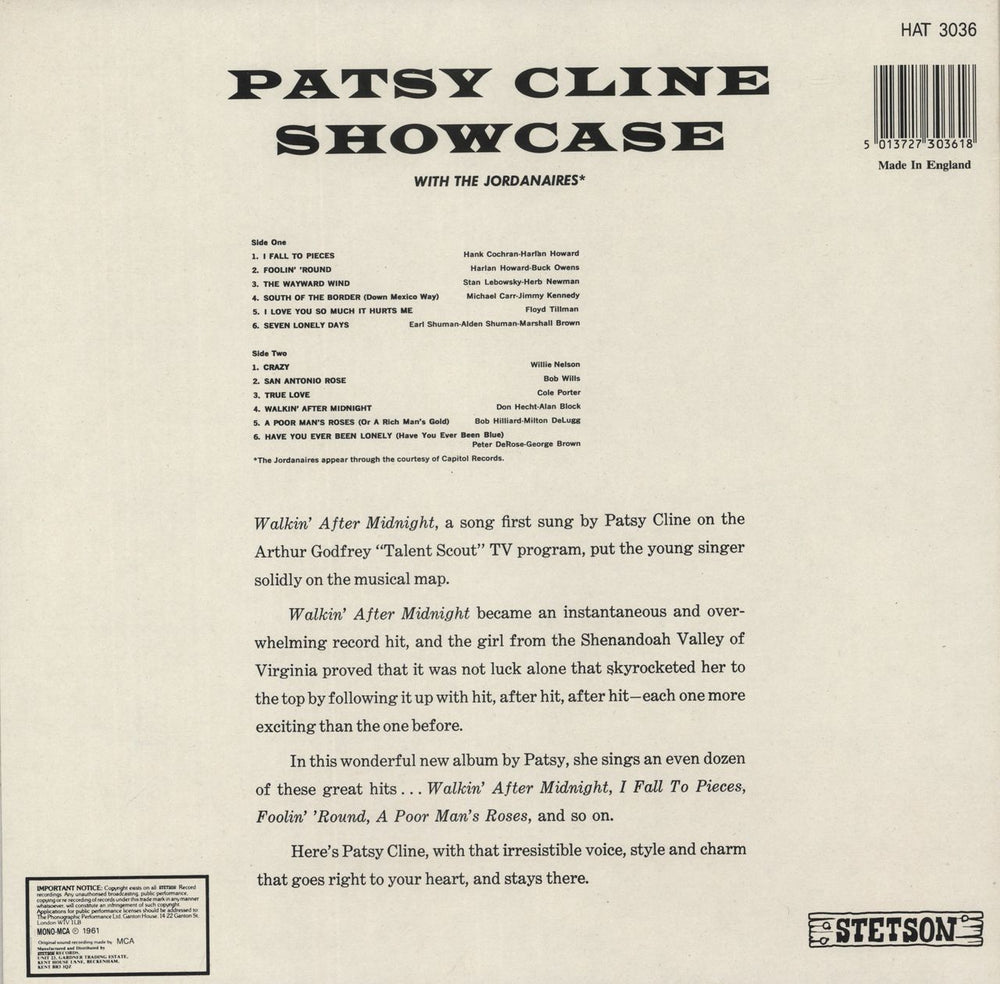 Patsy Cline Showcase UK vinyl LP album (LP record) 5013727303618