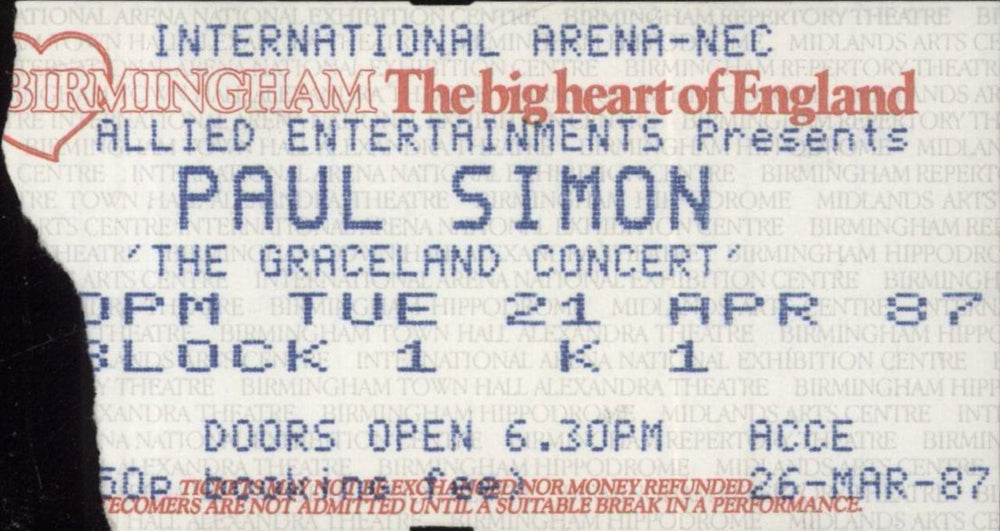 Paul Simon The Graceland Tour + Ticket Stub UK tour programme PSITRTH836067