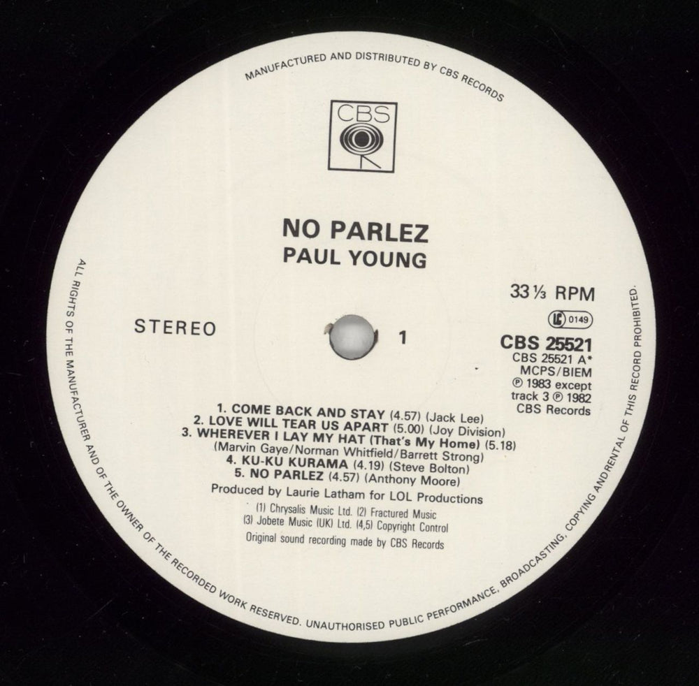 Paul Young No Parlez + Inner UK vinyl LP album (LP record) PYOLPNO864800