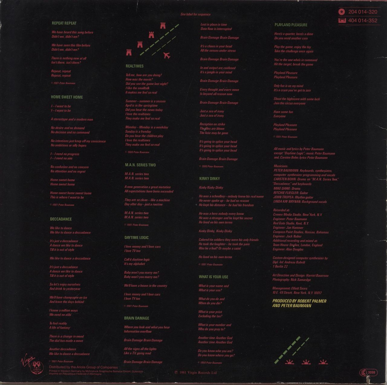 Peter Baumann Repeat Repeat German vinyl LP album (LP record)