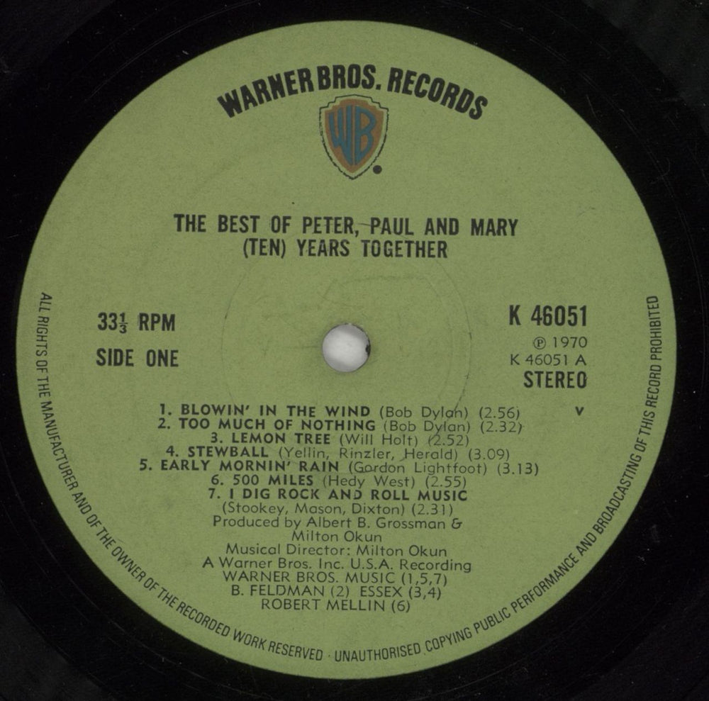Peter Paul & Mary Ten Years Together - Green Label UK vinyl LP album (LP record) PPMLPTE541716