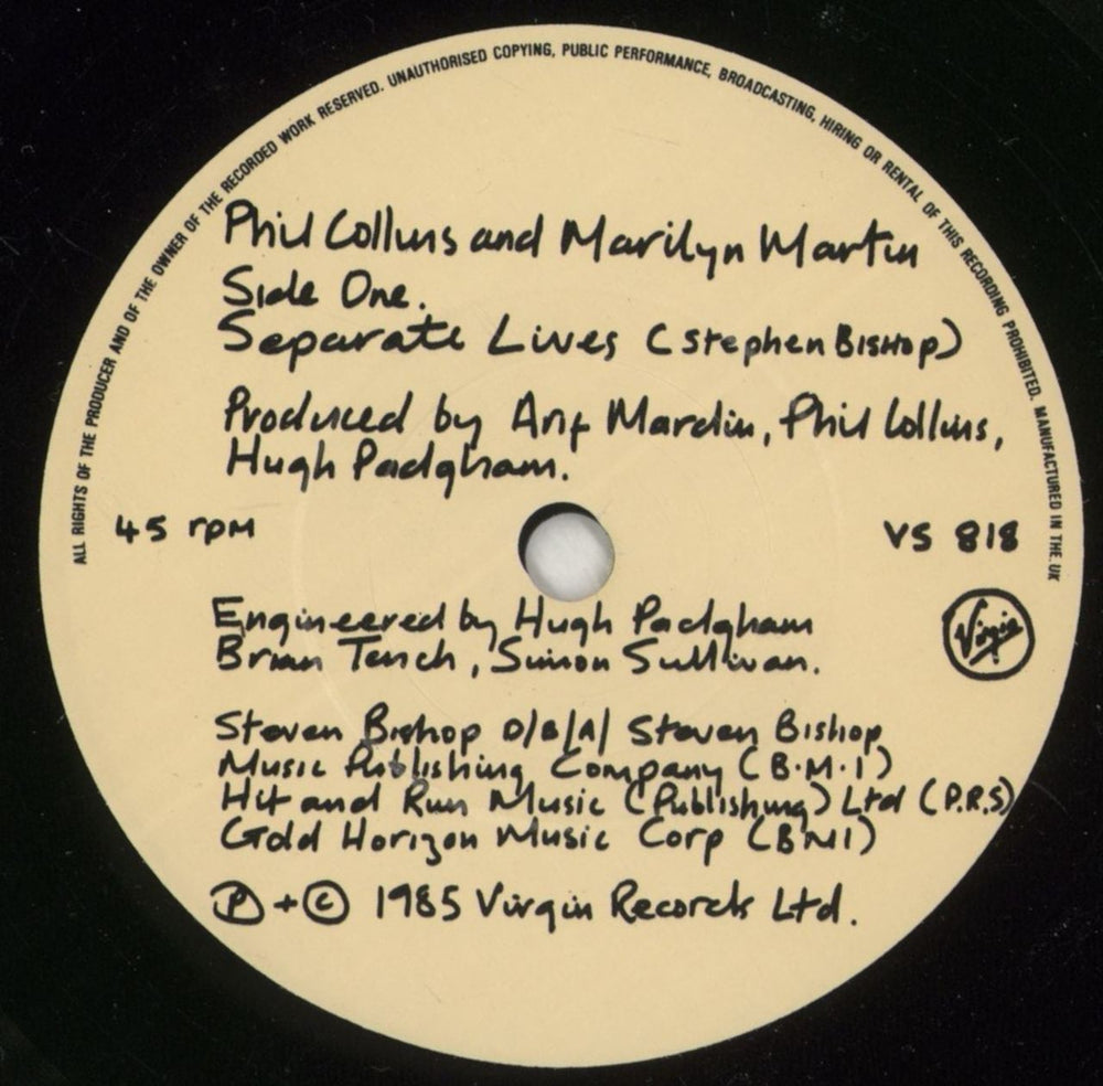 Phil Collins Separate Lives UK 7" vinyl single (7 inch record / 45) COL07SE373214