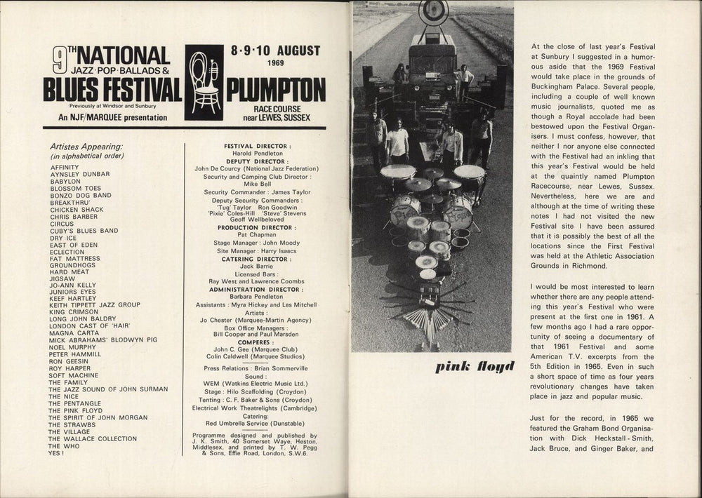 Pink Floyd 9th National Jazz & Blues festival 1969 UK tour programme PINTRTH354293