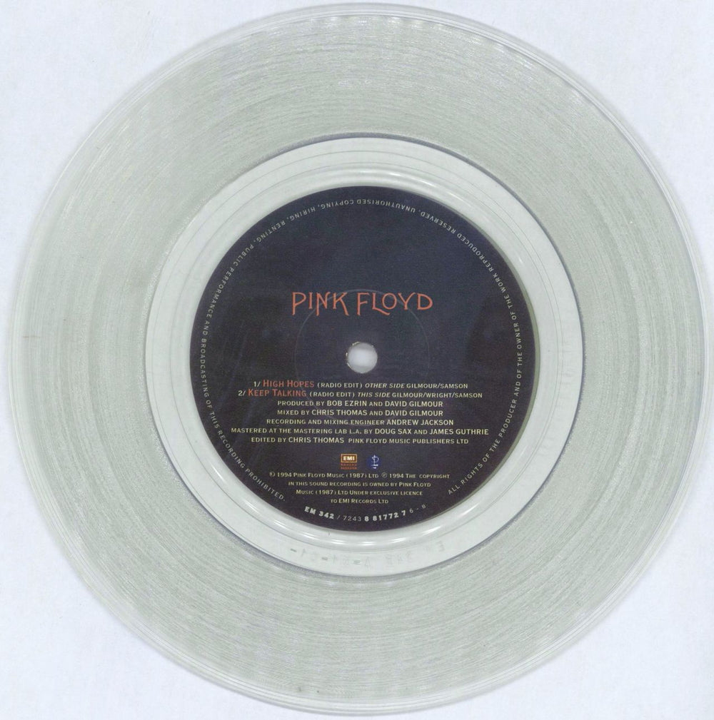 Pink Floyd High Hopes - Clear Vinyl UK 7" vinyl single (7 inch record / 45) PIN07HI771939