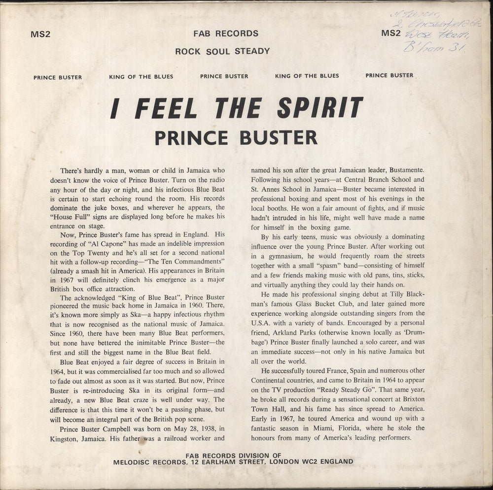 Prince Buster I Feel The Spirit - VG UK vinyl LP album (LP record)