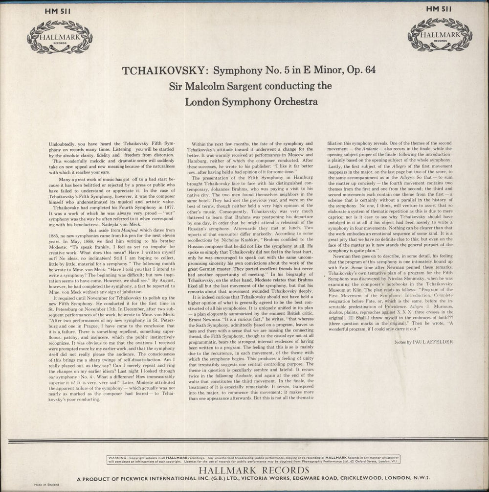 Pyotr Ilyich Tchaikovsky Symphony No. 5 in E Minor, Op.64 UK vinyl LP album (LP record)