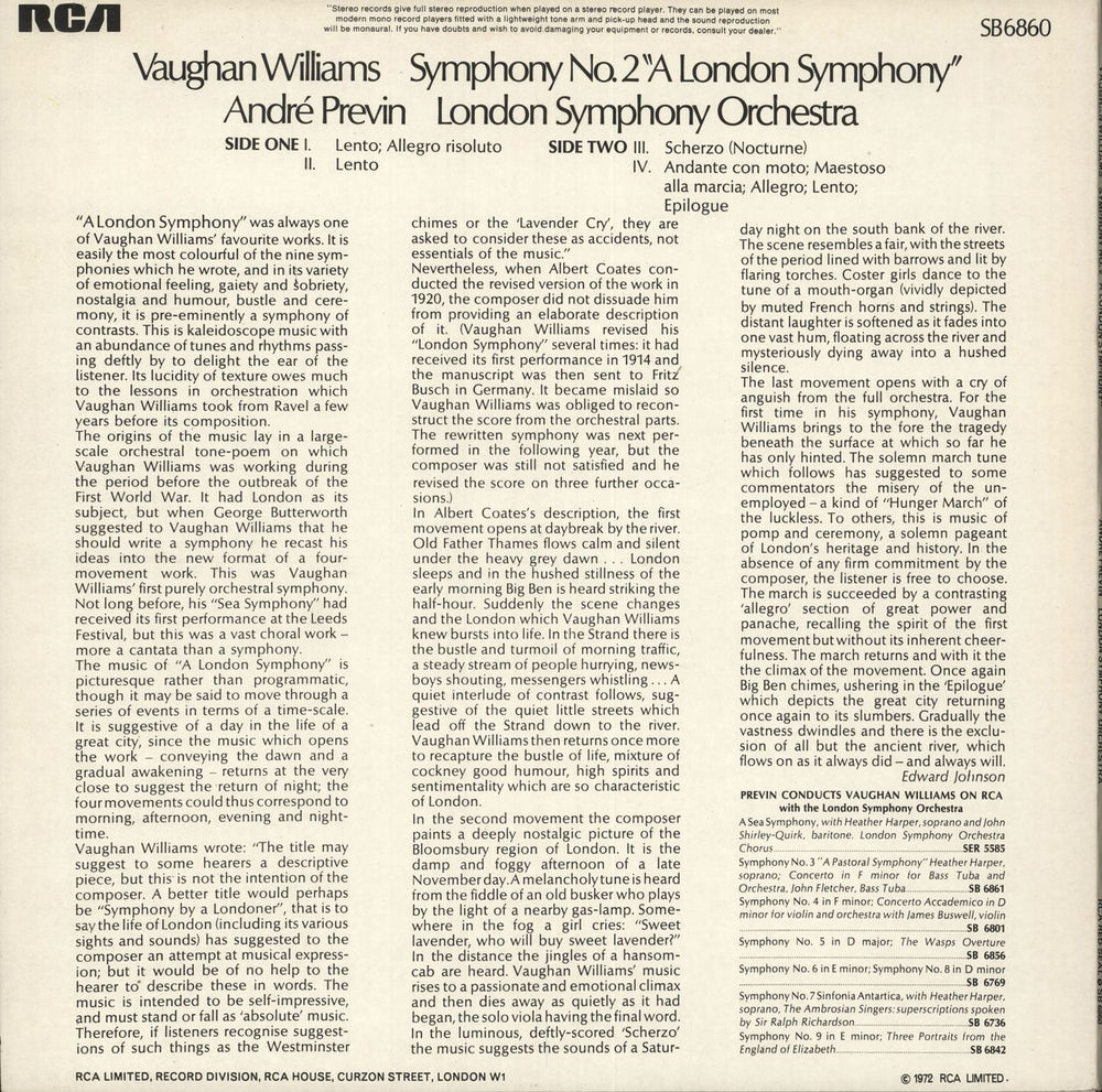 Ralph Vaughan Williams Vaughan Williams: Symphony No. 2 "A London Symphony" UK vinyl LP album (LP record)