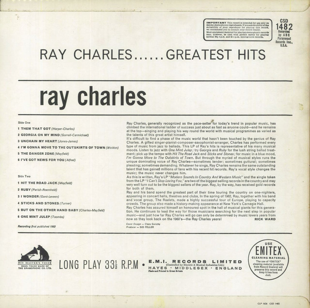 Ray Charles Greatest Hits UK vinyl LP album (LP record)