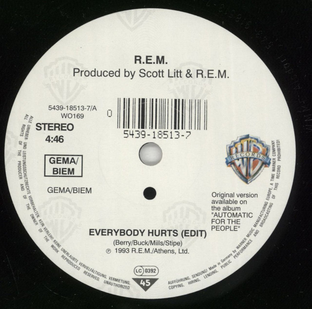 REM Everybody Hurts UK 7" vinyl single (7 inch record / 45) REM07EV53488