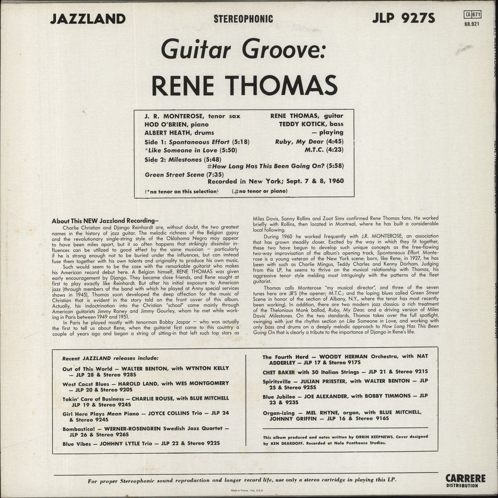 René Thomas Guitar Groove French vinyl LP album (LP record)