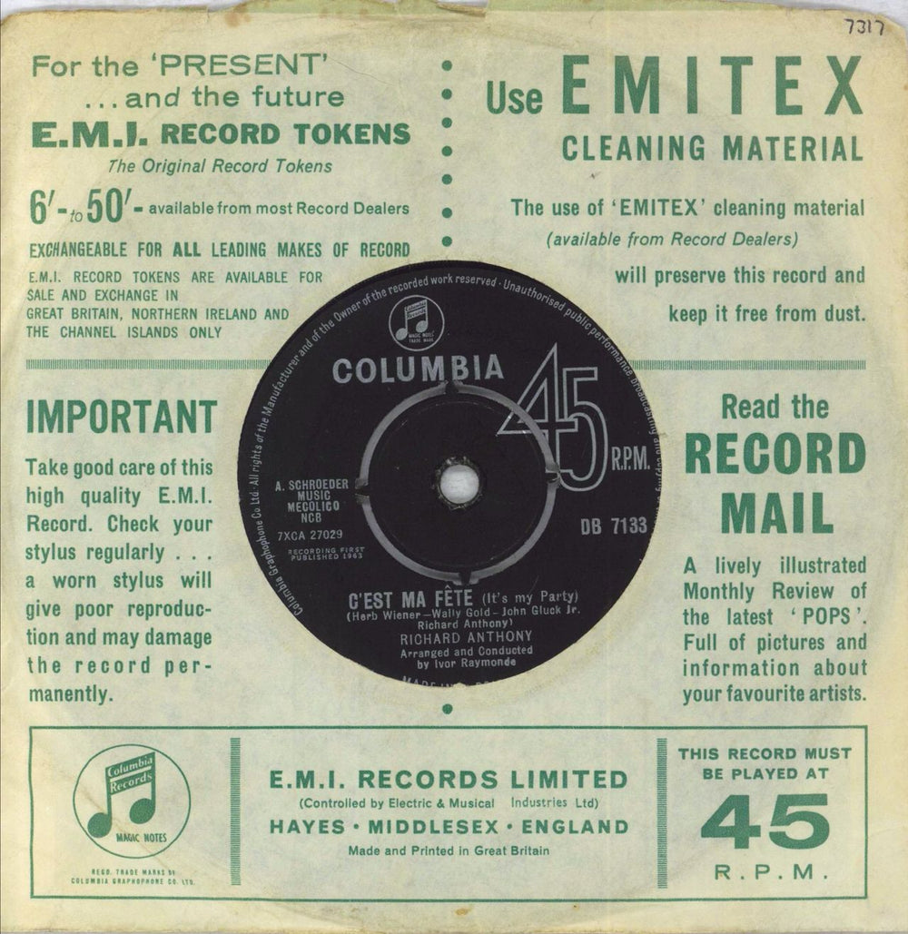 Richard Anthony Walking Alone UK 7" vinyl single (7 inch record / 45)