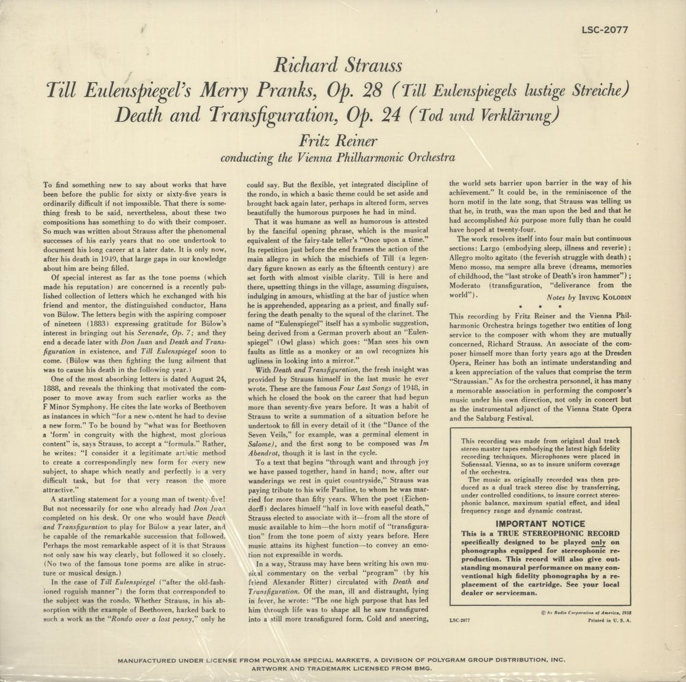 Richard Strauss Till Eulenspiegel / Death And Transfiguration - 180gram US vinyl LP album (LP record)