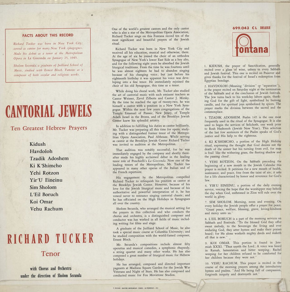 Richard Tucker Cantorial Jewels (Ten Greatest Hebrew Prayers) French vinyl LP album (LP record)