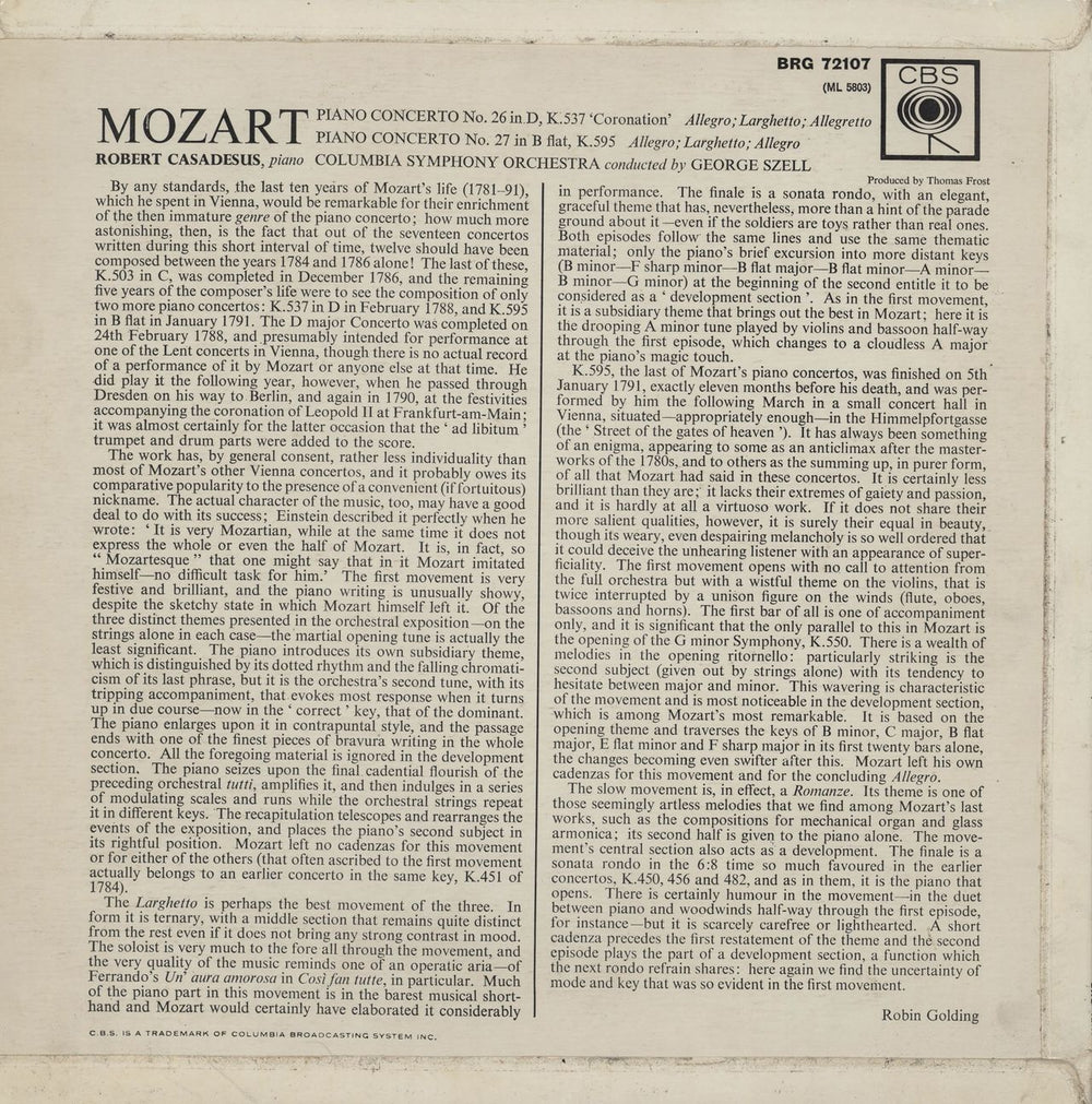 Robert Casadesus Mozart: Piano Concerto No. 26 in D Major "Coronation" / Piano Concerto No. 27 in B-Flat Major UK vinyl LP album (LP record)