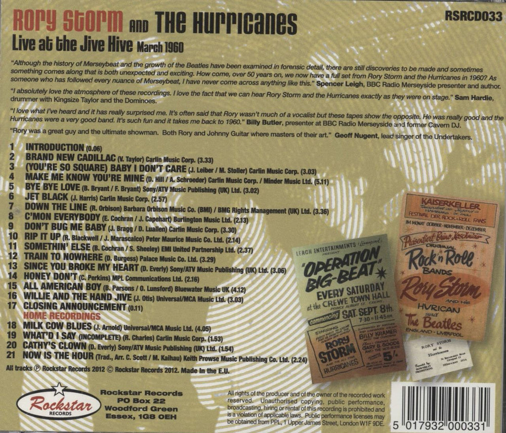 Rory Storm And The Hurricanes Live At The Jive Hive UK CD album (CDLP)