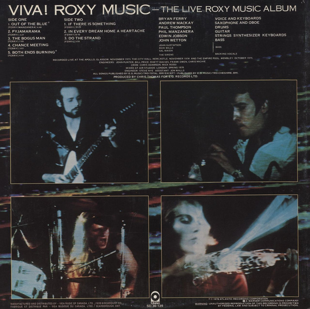 Roxy Music Viva! Roxy Music Canadian vinyl LP album (LP record)