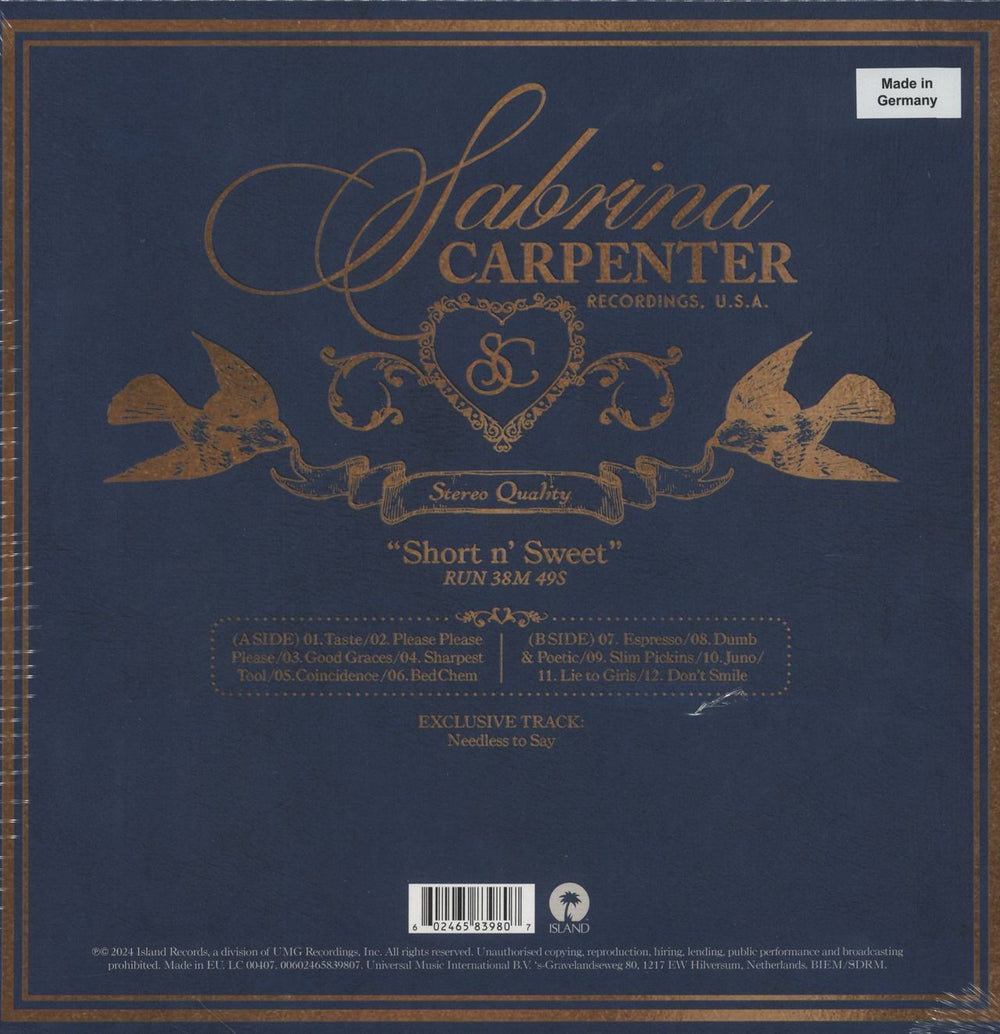 Sabrina Carpenter Short n' Sweet - Clear [Moonlight] Vinyl + Poster & Postcard - Sealed UK vinyl LP album (LP record) 602465839807
