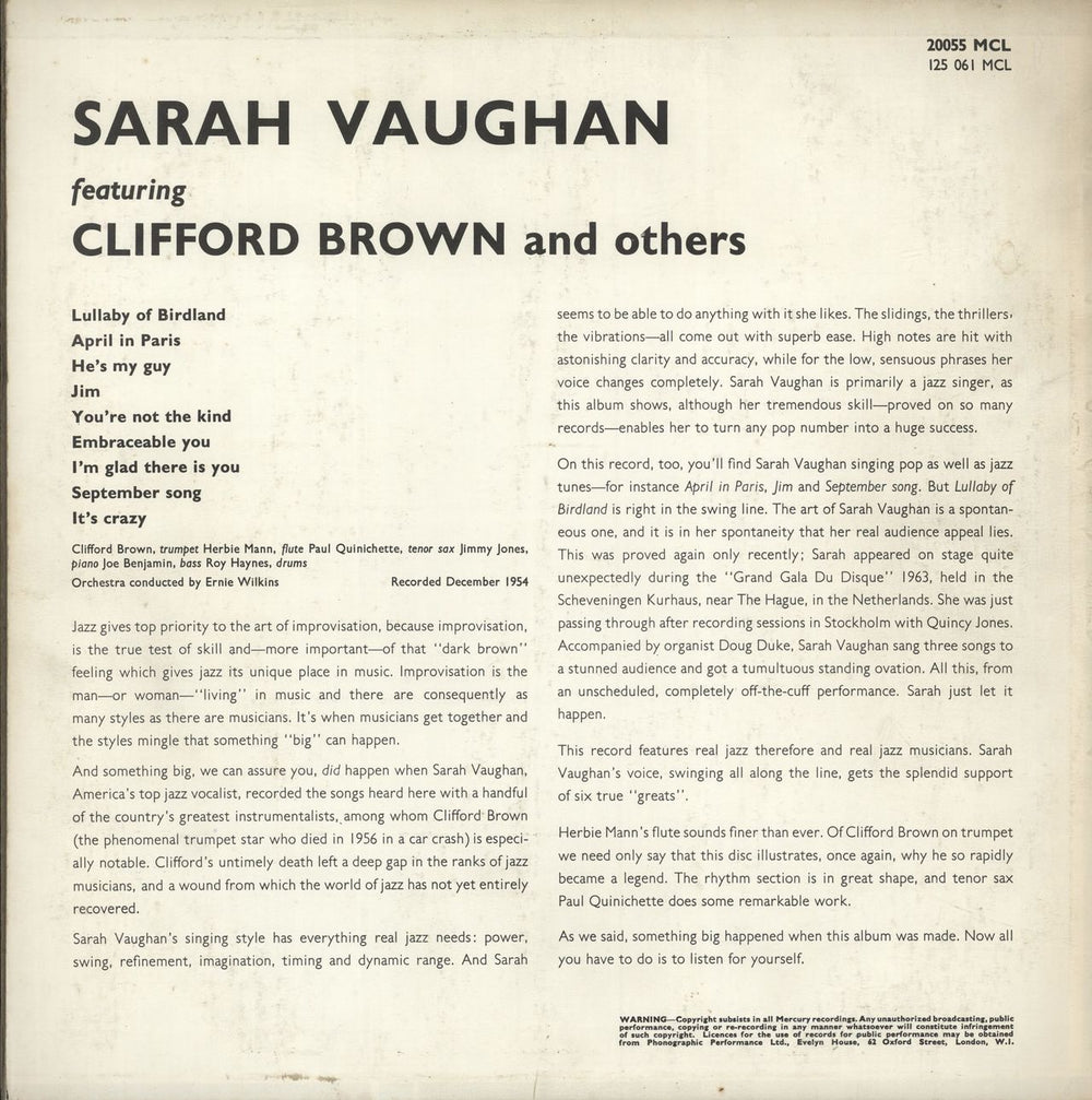 Sarah Vaughan Featuring Clifford Brown UK vinyl LP album (LP record)