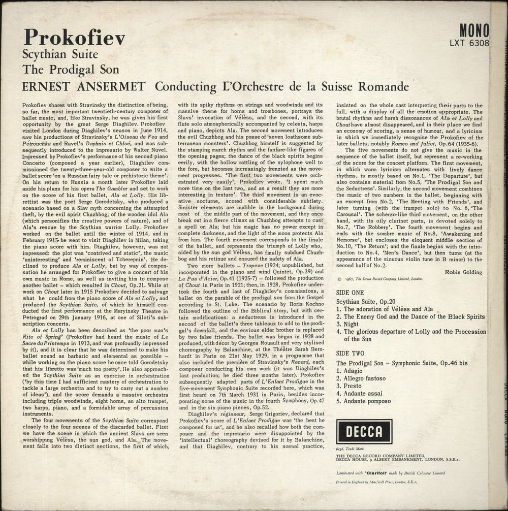 Sergei Prokofiev Scythian Suite · The Prodigal Son UK vinyl LP album (LP record)
