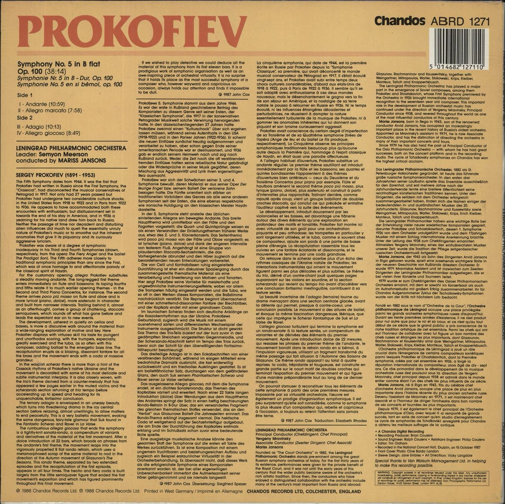 Sergei Prokofiev Symphony No. 5 UK vinyl LP album (LP record) 5014682127110