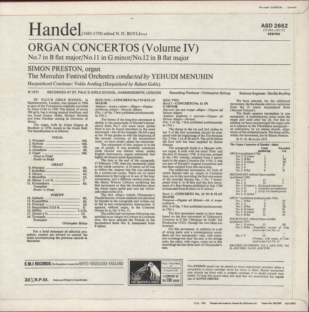 Simon Preston Handel Organ Concertos Vol. 4 UK vinyl LP album (LP record)