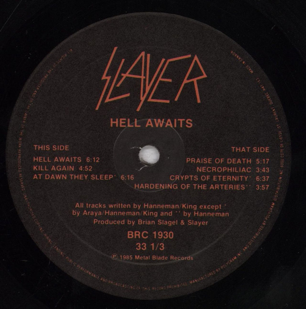 Slayer Hell Awaits Canadian vinyl LP album (LP record) SLALPHE836170