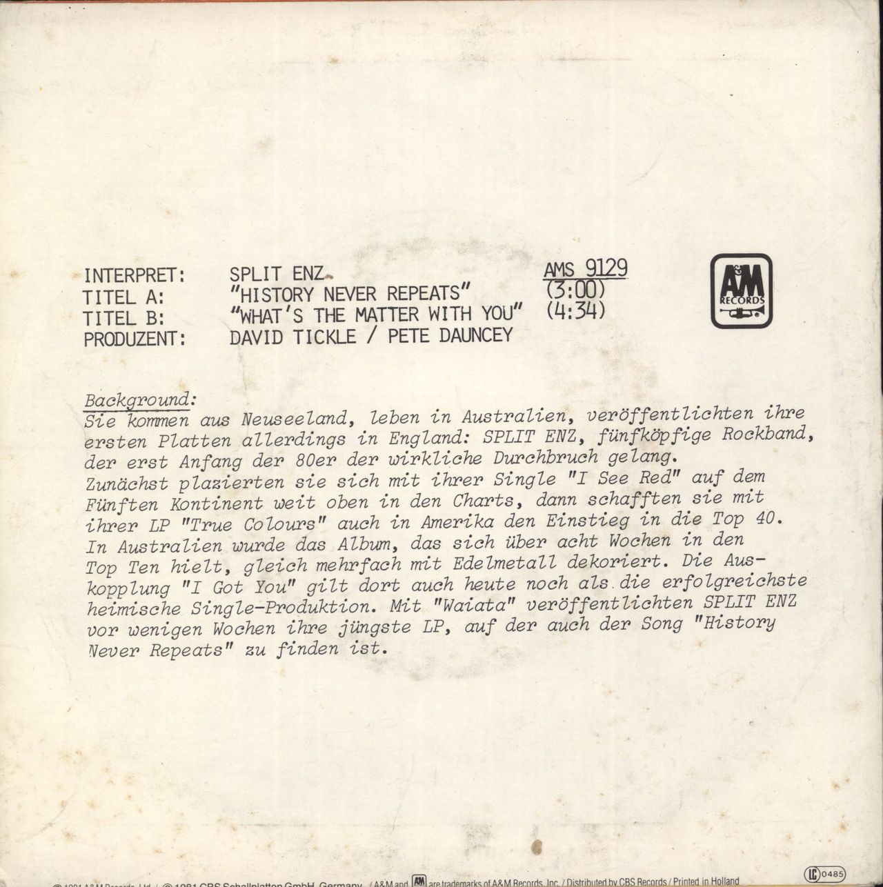 Split Enz History Never Repeats - Laser Etched German Promo 7" vinyl single (7 inch record / 45)