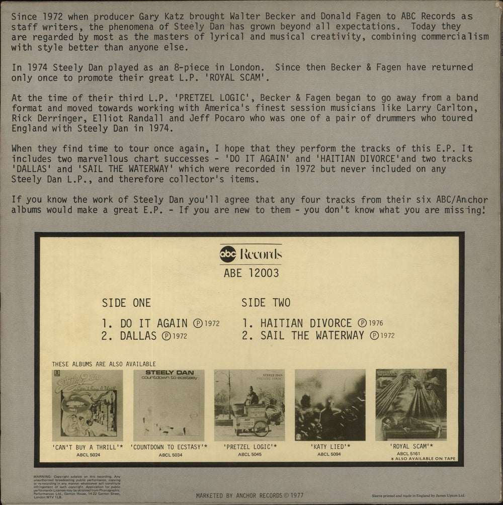 Steely Dan Four Tracks From Steely Dan - EX UK 12" vinyl single (12 inch record / Maxi-single)