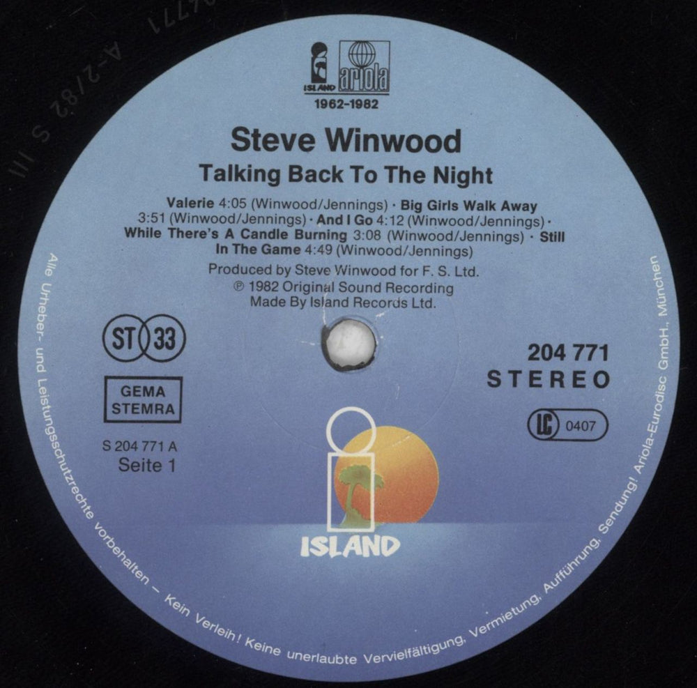 Steve Winwood Talking Back To The Night German vinyl LP album (LP record) WWDLPTA499153