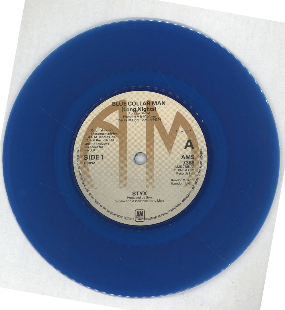 Styx Blue Collar Man (Long Nights) - Blue Vinyl UK 7" vinyl single (7 inch record / 45) STX07BL464010