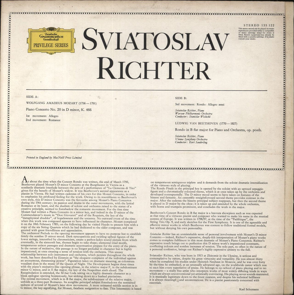 Sviatoslav Richter Mozart: Klavierkonzert Nr. 20 D-Moll KV 466 / Beethoven: Konzertrondo B-Dur Op. Posth. UK vinyl LP album (LP record)