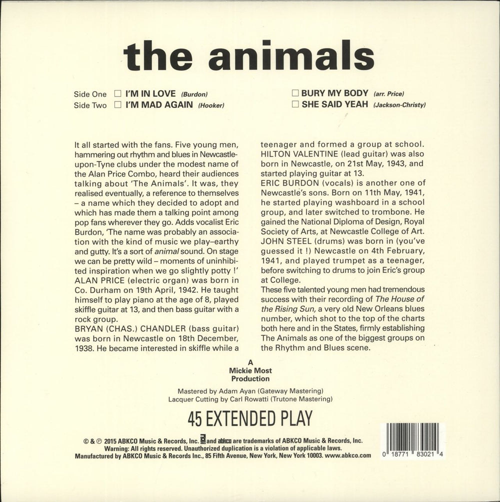 The Animals The Animals EP - RSD15 US 10" vinyl single (10 inch record) 018771830214