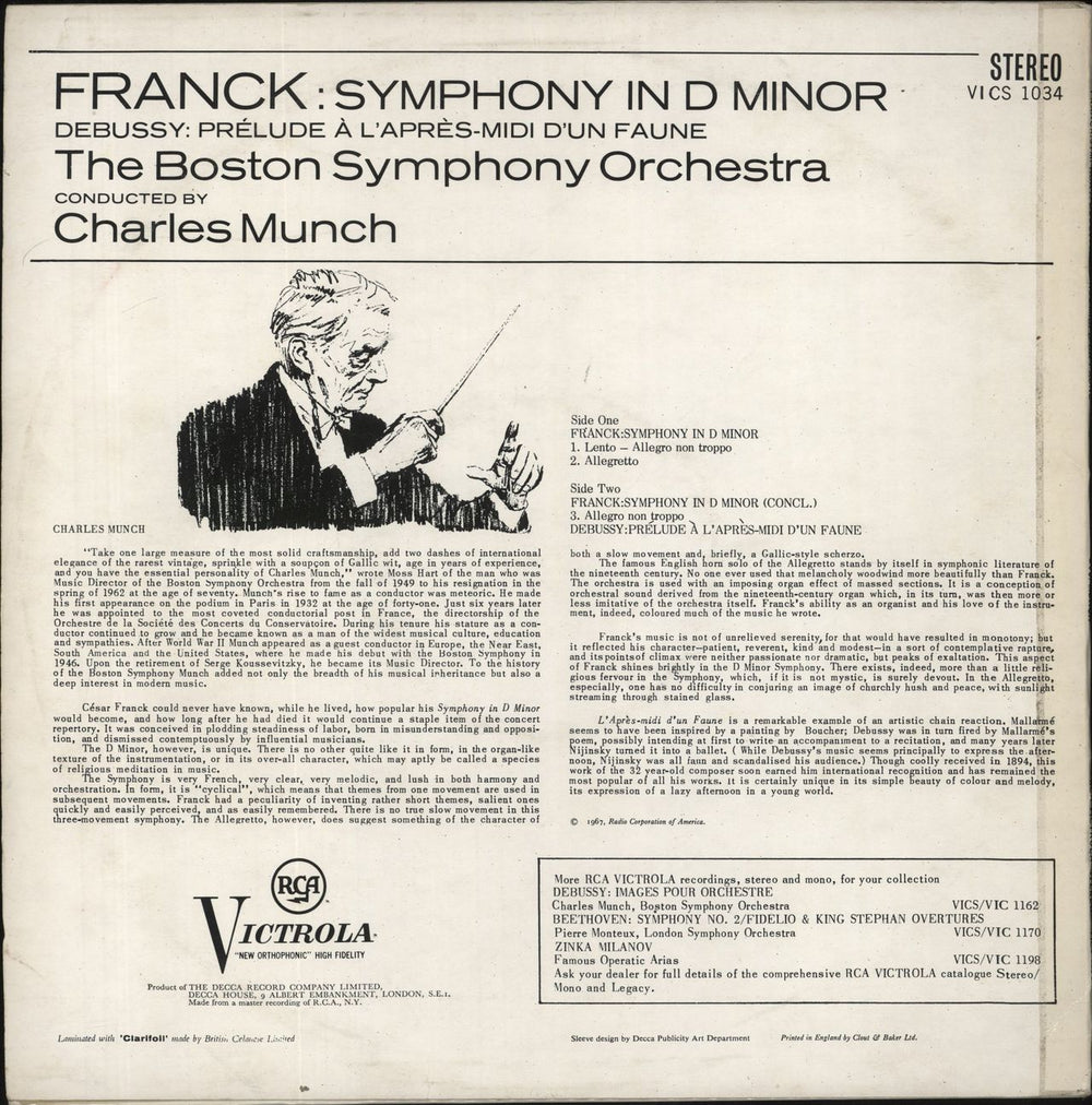 The Boston Symphony Orchestra Franck: Symphony In D Minor - Debussy: Prélude À L'Après-Midi D'Un Faune UK vinyl LP album (LP record)